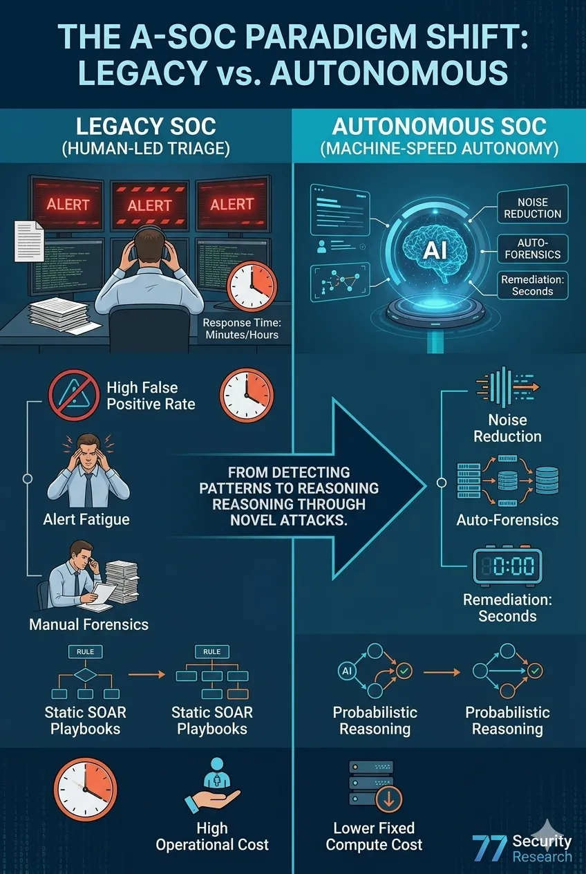 Infographic comparing Legacy SOC vs Autonomous SOC paradigm shift